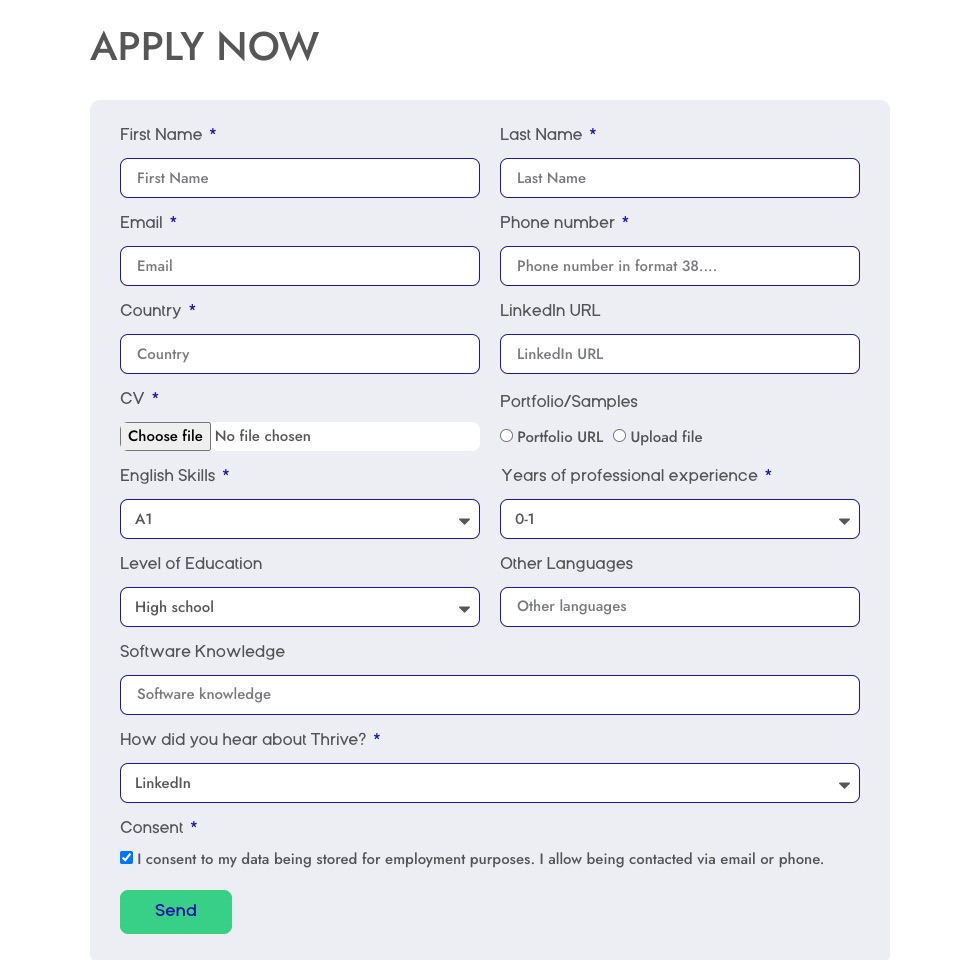 Thrive sajt – forma za prijavu kandidata povezana sa Google tabelom
